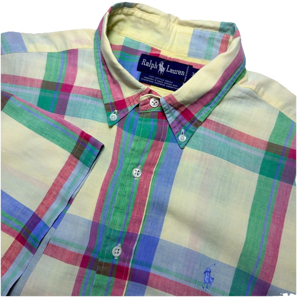 Ralph Lauren XL Short Sleeve Plaid Woven Button Down Multicolor Blue Pastel Pony
